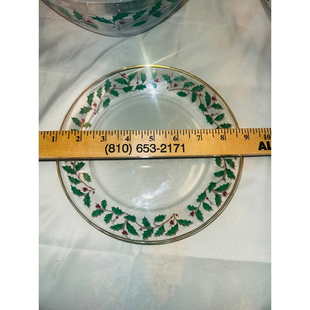 Lenox Set ARC France Christmas Holly Berry Glass Serving Bowl 22KT Gold Trim 9" - Picture 4 of 9